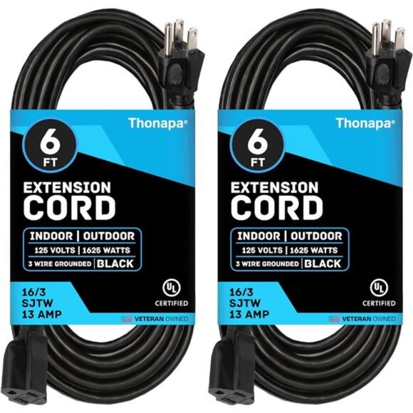 13 Amp Outdoor Extension Cord 6 ft,2 Pack, 16/3 SJTW 6 Foot Black Extension Cord